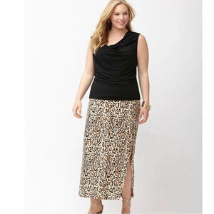 Lane Bryant leopard side ruched midi open slit skirt